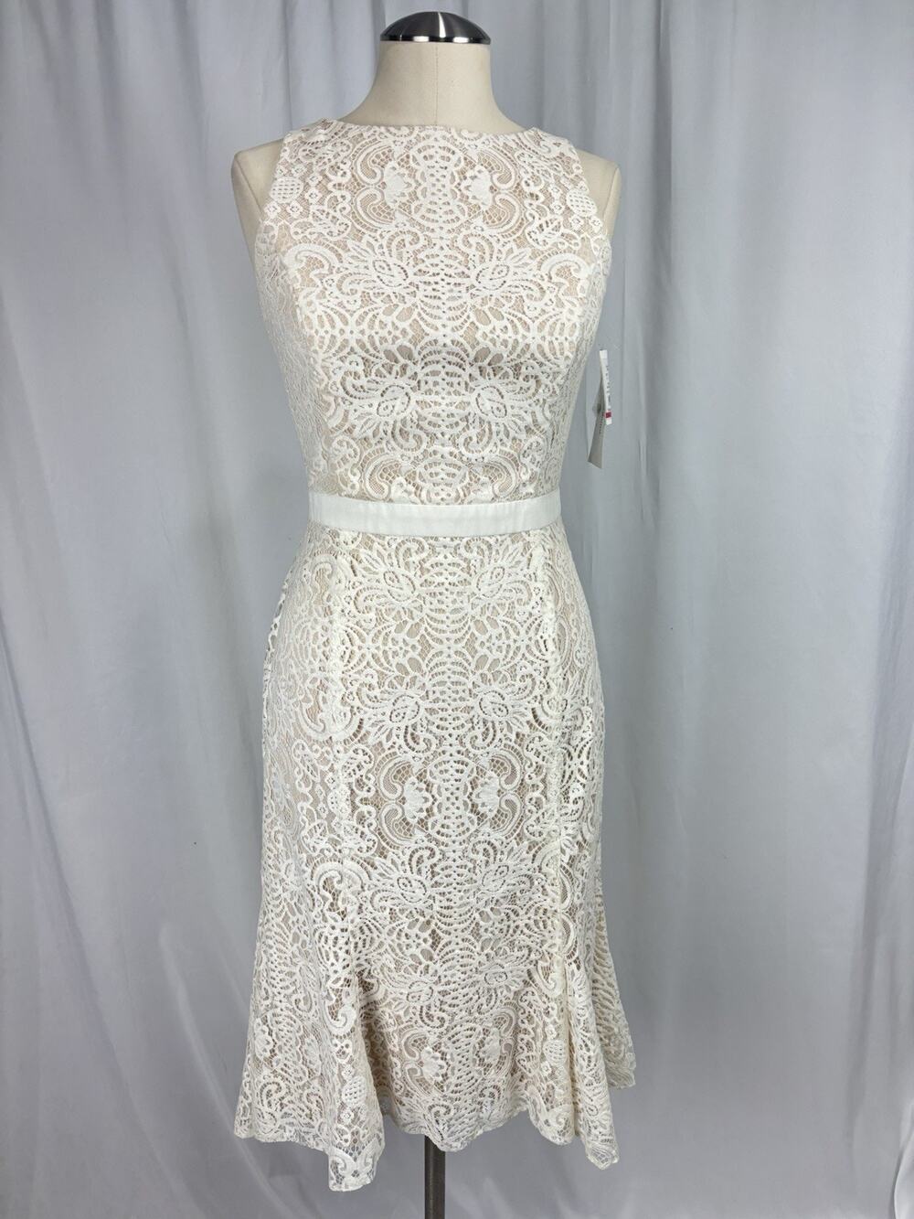 NWT David’s Bridal DB Studio Lace Open Back Dress Ivory/ Nude Knee Length Sz 12